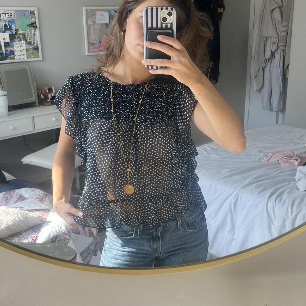 Zara Black Sheer Polka Dot Ruffle Sleeve Blouse